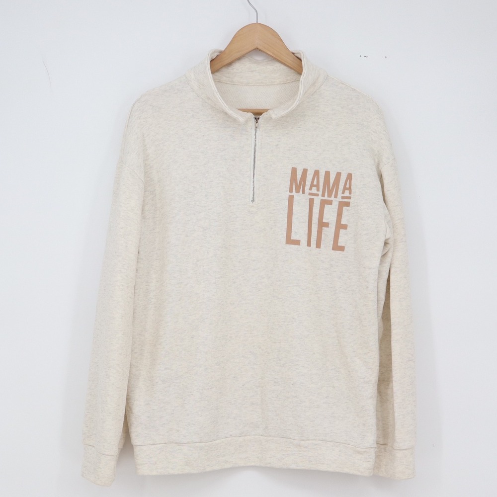 Unbranded Sweatshirt Womens L Mama Life Graphic Oatmeal Quarter Zip Excellent